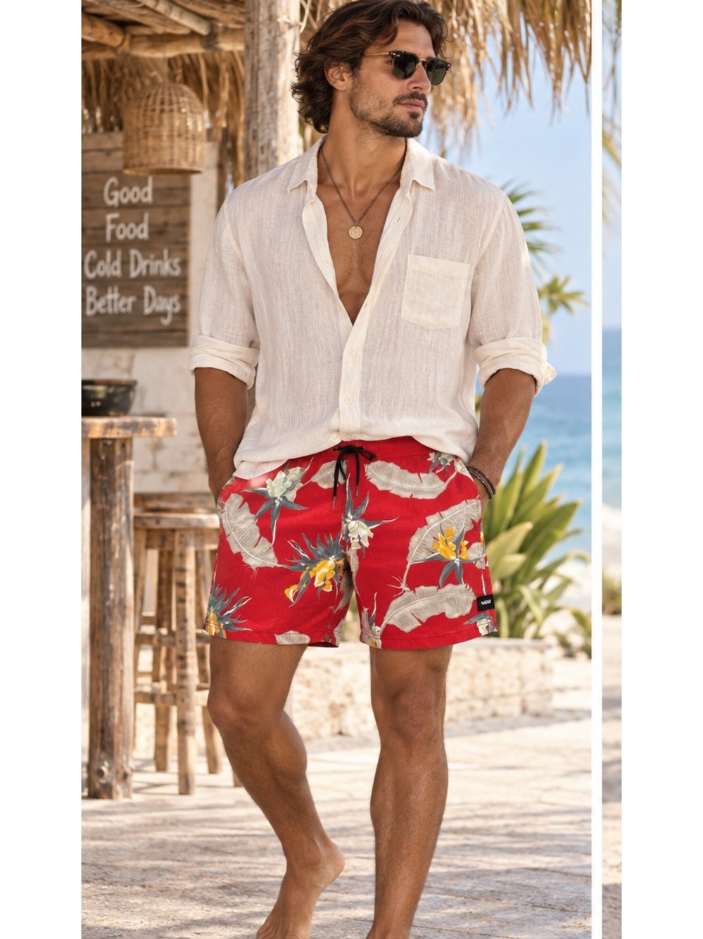 Vans Red Floral Yellow Board Shorts Resort Surfing Vacation Coastal Beachy Sz 36